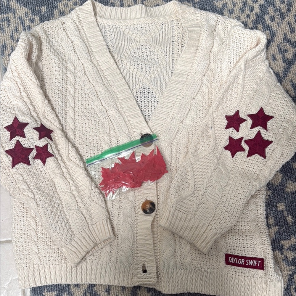 Taylor Swift Cream Sweater with Red Star Accents